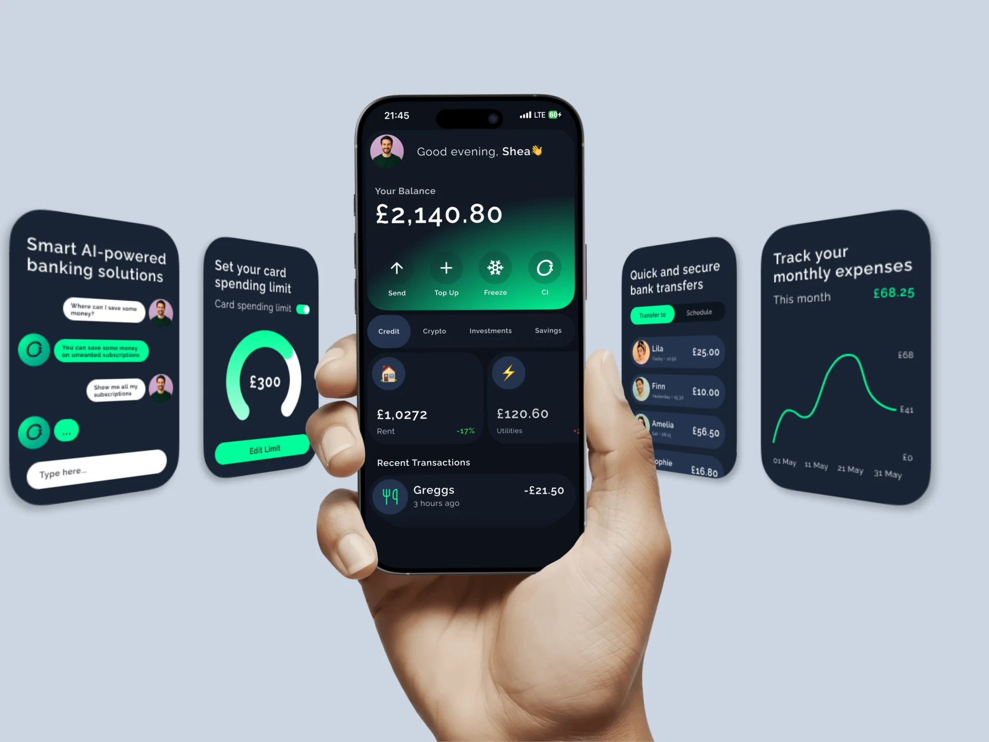 Cipher app screens spread around an iPhone held in one hand