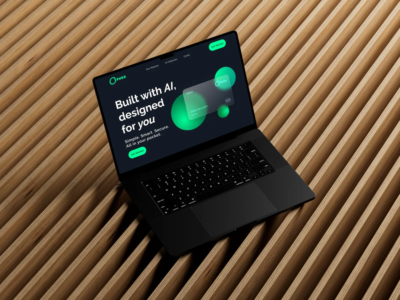 Cipher website on a laptop resting on a ribbed wooden surface