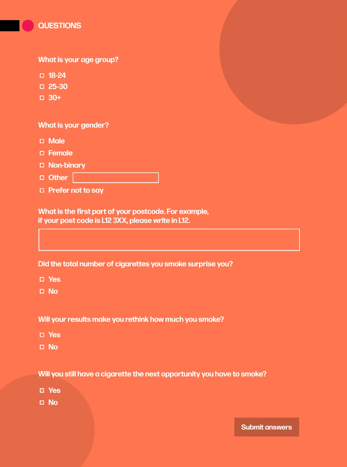 The question sheet in the mockup: age, gender and postcode, then the three reaction questions, with one submit button